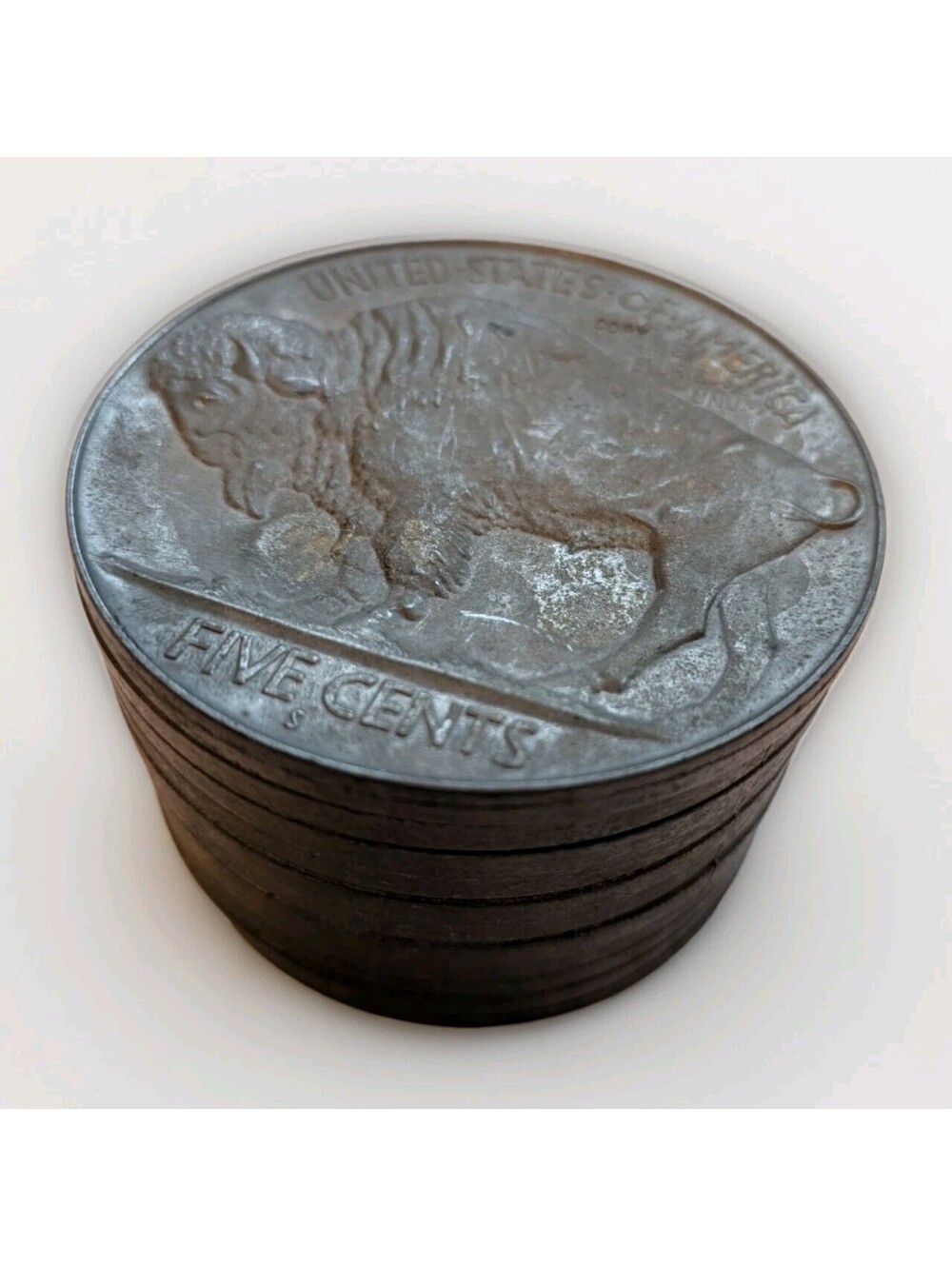 Vintage 1975 CCC Buffalo Nickel Coin Bank Stack Indian Head Bison Metal COPY